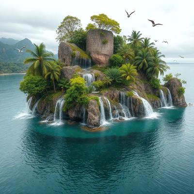 The primary subject of the image is a small island in the middle of a body of water, surrounded by waterfalls. The island is covered in lush greenery, and it appears to be a tropical paradise. The setting is a serene body of water, with a few birds flying around the area. The visual style of the image is a combination of photo and digital art, creating a realistic yet artistic representation of the scene. The colors and mood of the image are vibrant and lively, with the greenery